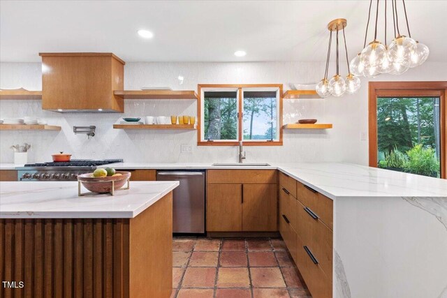 500 Walnut Creek Dr, Goldsboro, NC 27534 - kitchen with open shelves, dishwasher, a sink, backsplash, and a peninsula