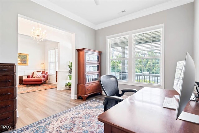 7801 Charters End St, Willow Springs, NC 27592 - office area featuring wood finished floors, crown molding, and a chandelier