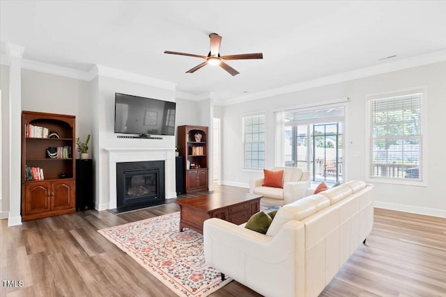 7801 Charters End St, Willow Springs, NC 27592 - living area featuring light wood-style floors, a fireplace with flush hearth, a ceiling fan, ornamental molding, and baseboards