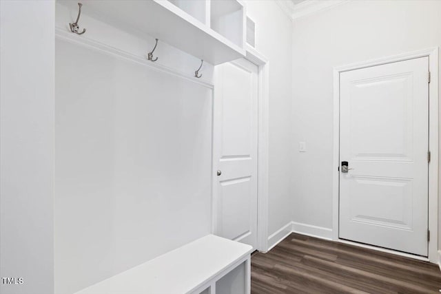7801 Charters End St, Willow Springs, NC 27592 - mudroom featuring crown molding, dark wood finished floors, and baseboards