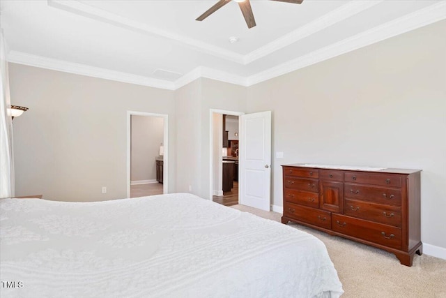 7801 Charters End St, Willow Springs, NC 27592 - bedroom featuring ornamental molding, light colored carpet, baseboards, ceiling fan, and a tray ceiling