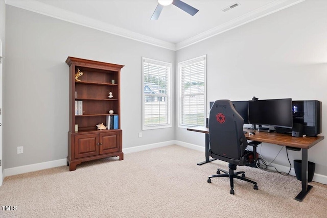 7801 Charters End St, Willow Springs, NC 27592 - home office featuring ceiling fan, carpet floors, crown molding, and baseboards