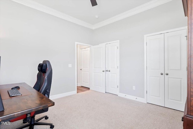 7801 Charters End St, Willow Springs, NC 27592 - office featuring carpet, crown molding, baseboards, and a ceiling fan