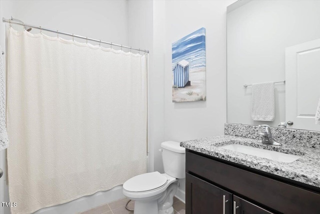7801 Charters End St, Willow Springs, NC 27592 - full bathroom featuring toilet, vanity, shower / bathtub combination with curtain, tile patterned flooring, and baseboards
