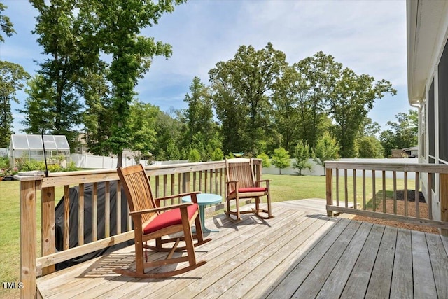 7801 Charters End St, Willow Springs, NC 27592 - wooden deck featuring a greenhouse and an outdoor structure