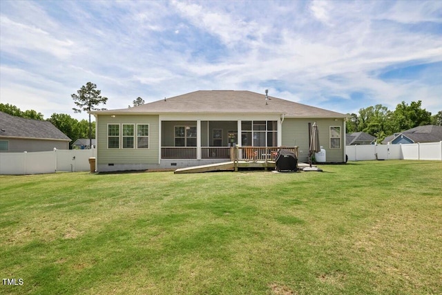 7801 Charters End St, Willow Springs, NC 27592 - back of house featuring crawl space, a sunroom, and a deck