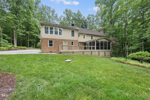 2300 Valley Forge Dr, Raleigh, NC 27615 - back of house featuring a sunroom, brick siding, a yard, a chimney, and crawl space