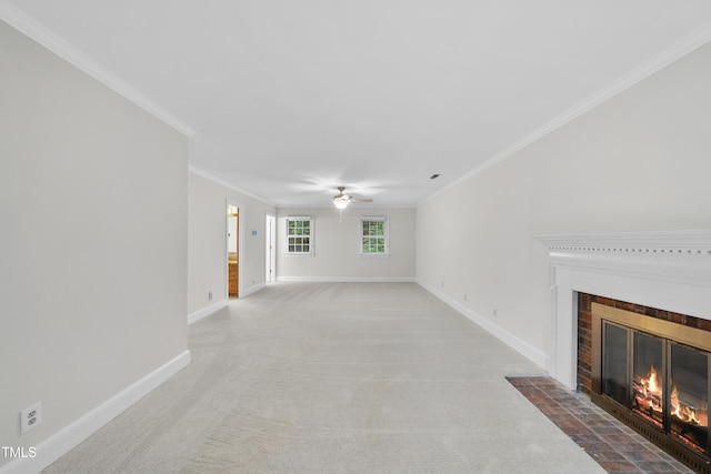 2300 Valley Forge Dr, Raleigh, NC 27615 - unfurnished living room featuring a fireplace with flush hearth, ceiling fan, crown molding, and carpet flooring