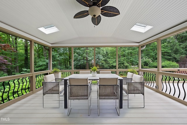 2300 Valley Forge Dr, Raleigh, NC 27615 - wooden terrace with ceiling fan, outdoor dining area, and view of wooded area