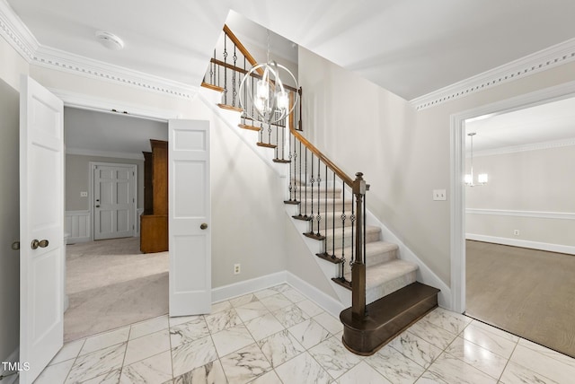 2300 Valley Forge Dr, Raleigh, NC 27615 - staircase featuring a chandelier, crown molding, and marble look tile flooring