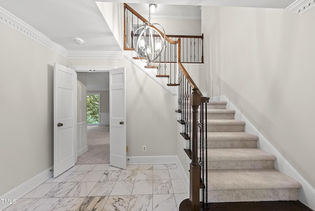 2300 Valley Forge Dr, Raleigh, NC 27615 - staircase featuring marble look tile flooring, a chandelier, and crown molding