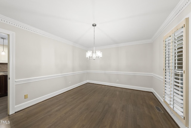 2300 Valley Forge Dr, Raleigh, NC 27615 - unfurnished dining area with a chandelier, dark wood-style flooring, and crown molding