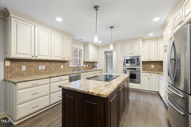 2300 Valley Forge Dr, Raleigh, NC 27615 - kitchen featuring stainless steel appliances, dark wood-type flooring, light stone counters, tasteful backsplash, and recessed lighting