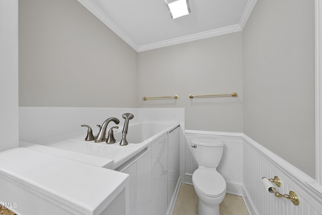 2300 Valley Forge Dr, Raleigh, NC 27615 - bathroom with crown molding, a wainscoted wall, a garden tub, and tile patterned flooring