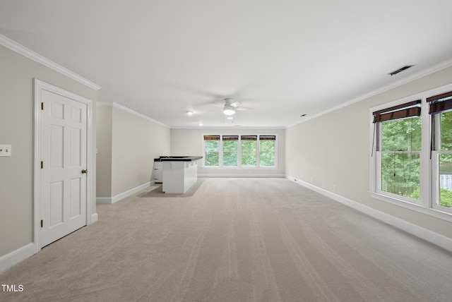 2300 Valley Forge Dr, Raleigh, NC 27615 - unfurnished living room featuring crown molding, light carpet, and ceiling fan