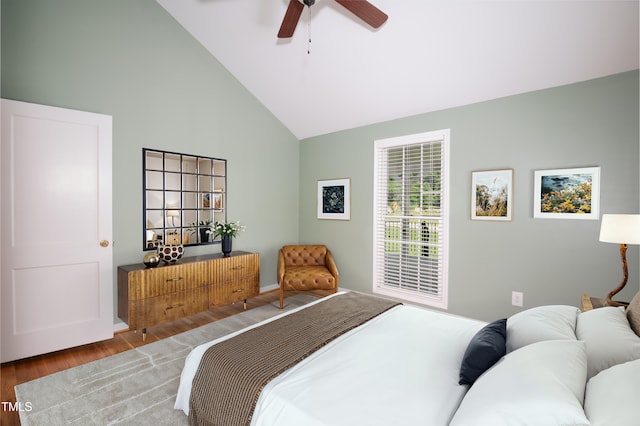 4220 Hope Valley Rd, Durham, NC 27707 - bedroom featuring wood finished floors, high vaulted ceiling, and a ceiling fan