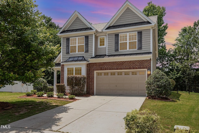 233 Hammond Wood Pl, Morrisville, NC 27560 - view of front of home with a standing seam roof, concrete driveway, brick siding, metal roof, and an attached garage