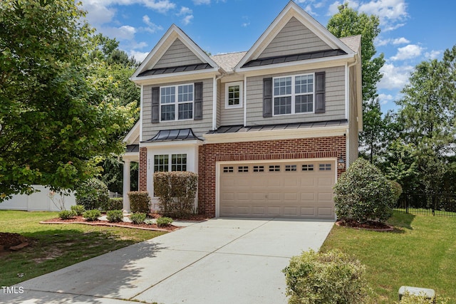 233 Hammond Wood Pl, Morrisville, NC 27560 - view of front of home featuring a standing seam roof, brick siding, concrete driveway, metal roof, and a garage