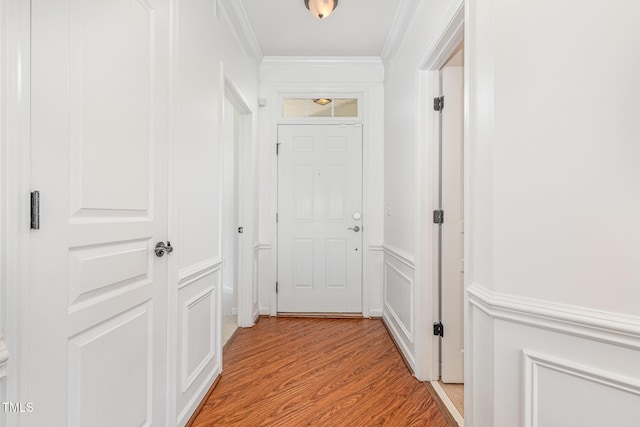 233 Hammond Wood Pl, Morrisville, NC 27560 - hall with crown molding, light wood-style floors, wainscoting, and a decorative wall
