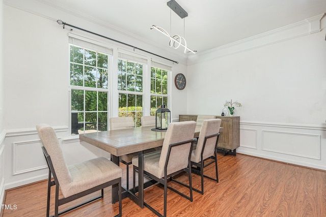 233 Hammond Wood Pl, Morrisville, NC 27560 - dining space featuring ornamental molding, a decorative wall, wood finished floors, and a wainscoted wall