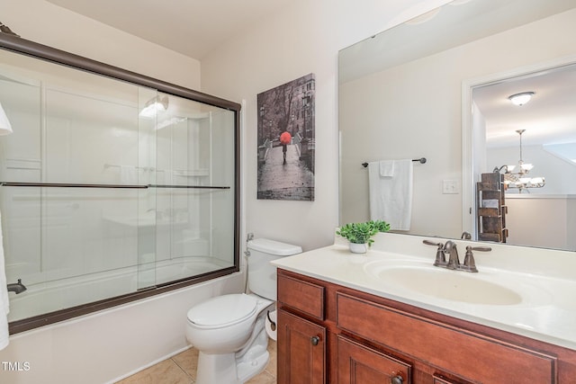233 Hammond Wood Pl, Morrisville, NC 27560 - full bathroom with toilet, vanity, enclosed tub / shower combo, tile patterned flooring, and a chandelier