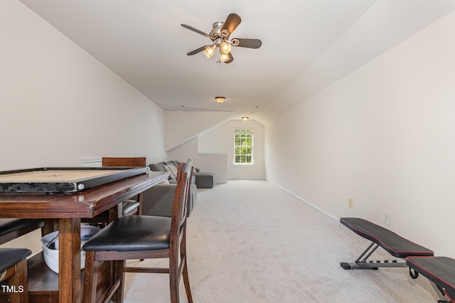 233 Hammond Wood Pl, Morrisville, NC 27560 - playroom featuring carpet flooring, vaulted ceiling, a ceiling fan, and baseboards