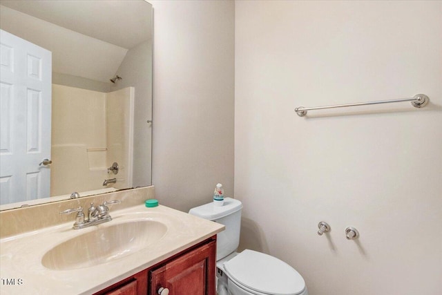 1420 Lagerfeld Way, Wake Forest, NC 27587 - full bathroom with vanity, toilet, a shower, and vaulted ceiling