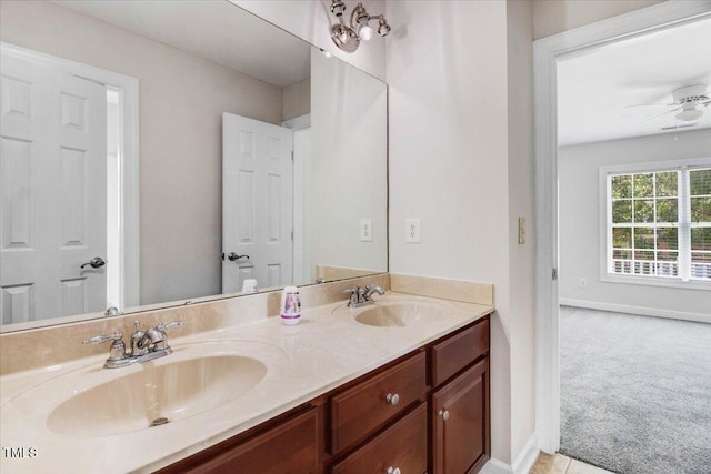1420 Lagerfeld Way, Wake Forest, NC 27587 - bathroom featuring double vanity, a ceiling fan, and baseboards