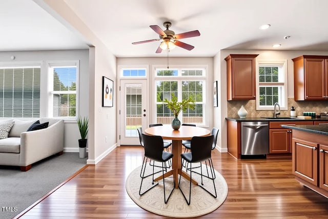 1420 Lagerfeld Way, Wake Forest, NC 27587 - dining area with hardwood / wood-style flooring, a ceiling fan, and recessed lighting