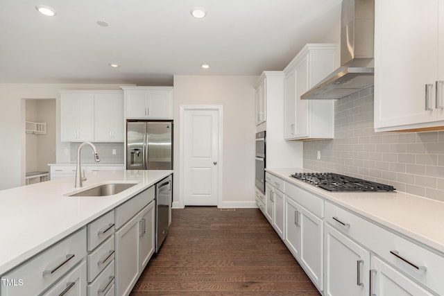 66 Sweet Meadow Ln, Pittsboro, NC 27312 - kitchen with wall chimney range hood, appliances with stainless steel finishes, a sink, light countertops, and recessed lighting