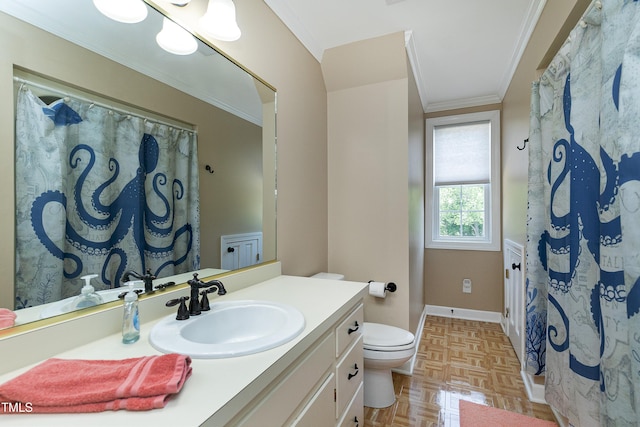 2709 Les Paul Ln, Apex, NC 27539 - full bathroom with toilet, vanity, crown molding, baseboards, and a shower with shower curtain