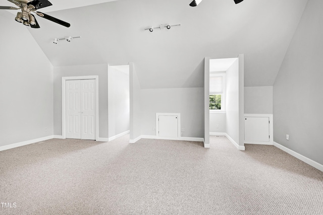 2709 Les Paul Ln, Apex, NC 27539 - additional living space featuring ceiling fan, lofted ceiling, light carpet, and baseboards