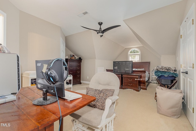 8004 Thrush Ridge Ln, Raleigh, NC 27615 - office featuring ceiling fan, vaulted ceiling, and light carpet