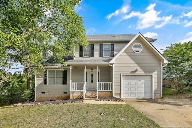 994 Eastman Rd, Fayetteville, NC 28314 - traditional-style home featuring covered porch, crawl space, a front lawn, driveway, and an attached garage