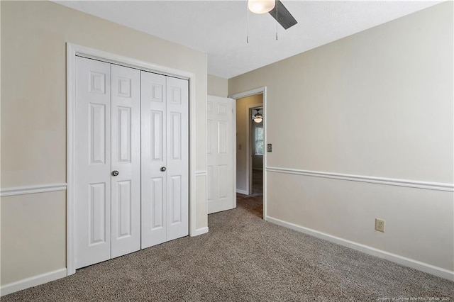 994 Eastman Rd, Fayetteville, NC 28314 - unfurnished bedroom with carpet floors, baseboards, a closet, and a ceiling fan