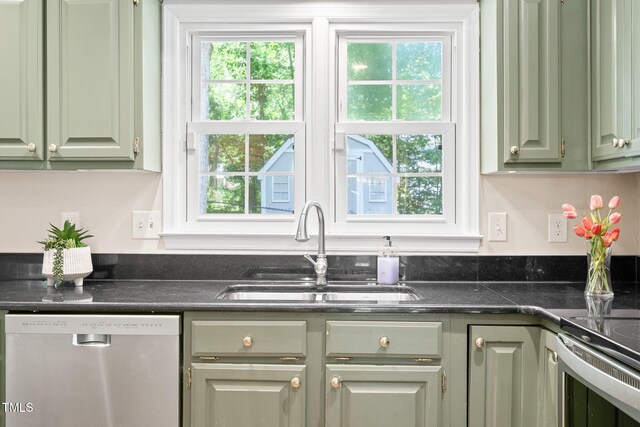 2107 Somers Ave, Burlington, NC 27215 - kitchen with stainless steel appliances, a sink, green cabinetry, and healthy amount of natural light