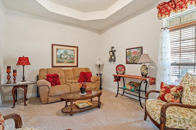 46 Spring Haven Ln, Willow Springs, NC 27592 - living room with carpet floors, healthy amount of natural light, baseboards, and a tray ceiling