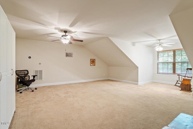 46 Spring Haven Ln, Willow Springs, NC 27592 - additional living space with light carpet, a ceiling fan, baseboards, and lofted ceiling
