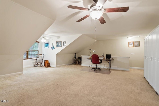 46 Spring Haven Ln, Willow Springs, NC 27592 - office area featuring ceiling fan, carpet floors, vaulted ceiling, and baseboards