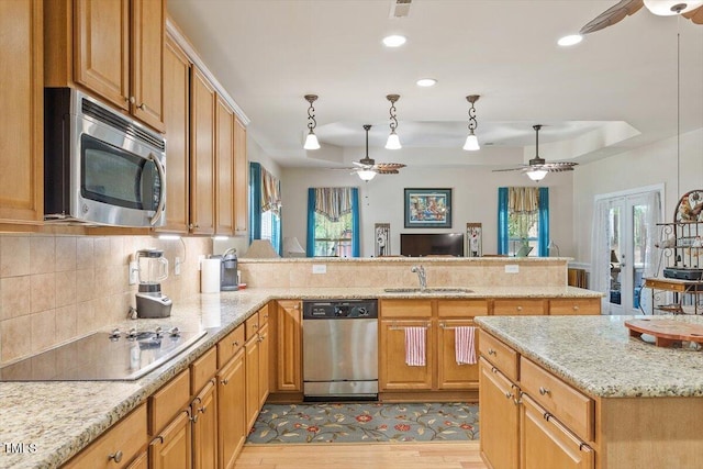 46 Spring Haven Ln, Willow Springs, NC 27592 - kitchen with appliances with stainless steel finishes, a ceiling fan, a raised ceiling, and recessed lighting