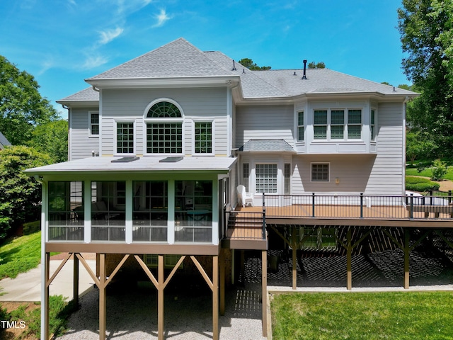 225 Midenhall Way, Cary, NC 27513 - rear view of property with a shingled roof, a deck, and a sunroom