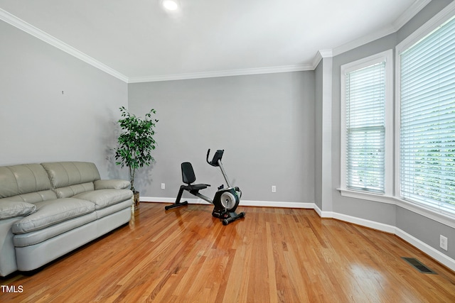 225 Midenhall Way, Cary, NC 27513 - exercise room featuring light wood-style flooring, baseboards, and ornamental molding