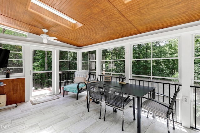 225 Midenhall Way, Cary, NC 27513 - sunroom featuring a skylight, a ceiling fan, lofted ceiling, and outdoor dining space