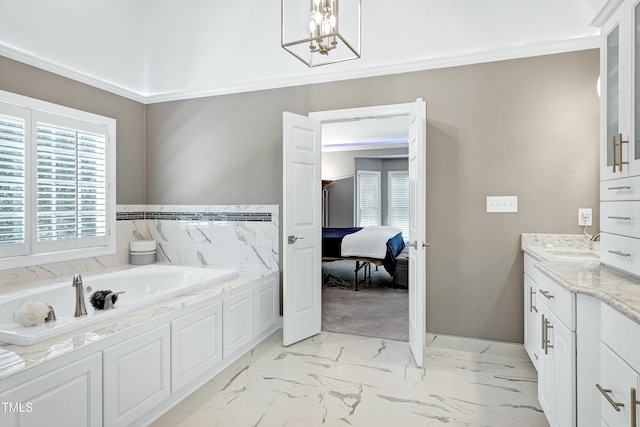 225 Midenhall Way, Cary, NC 27513 - bathroom featuring a bath, marble finish floors, vanity, crown molding, and a chandelier