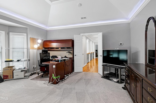225 Midenhall Way, Cary, NC 27513 - office area with lofted ceiling, light colored carpet, and ornamental molding