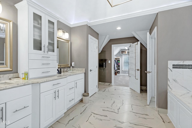 225 Midenhall Way, Cary, NC 27513 - bathroom featuring marble finish floors, vanity, recessed lighting, a spacious closet, and baseboards