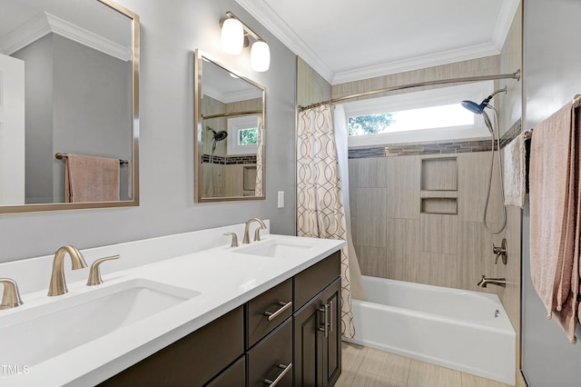 225 Midenhall Way, Cary, NC 27513 - bathroom featuring shower / bath combo with shower curtain, double vanity, and ornamental molding