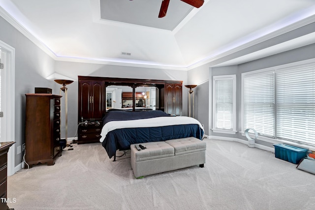 225 Midenhall Way, Cary, NC 27513 - bedroom featuring a raised ceiling, light colored carpet, baseboards, and ornamental molding