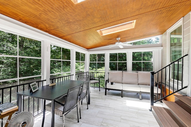 225 Midenhall Way, Cary, NC 27513 - sunroom with a skylight, an outdoor living space, ceiling fan, healthy amount of natural light, and vaulted ceiling