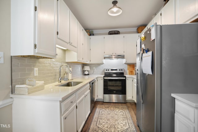 114 Colchis Ct, Cary, NC 27513 - kitchen with stainless steel appliances, a sink, under cabinet range hood, dark wood-style flooring, and decorative backsplash
